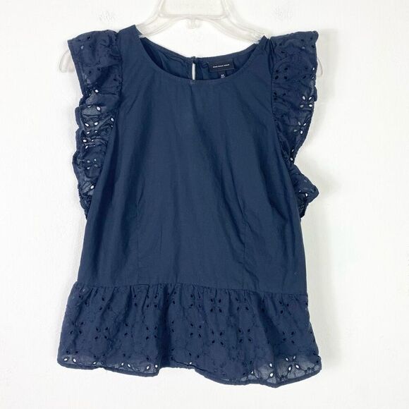 Who What Wear Black Ruffled Eyelet Lace Trim Peplum Blouse Top Size M - Picture 2 of 5